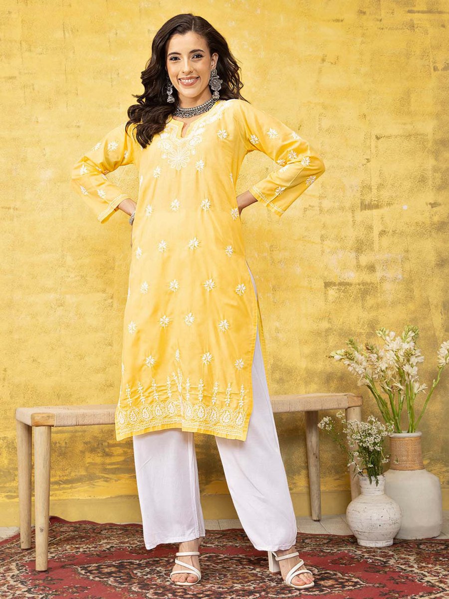 ADA Women Yellow & White Chikankari Embroidered Straight Sustainable Handloom Kurta - Distacart