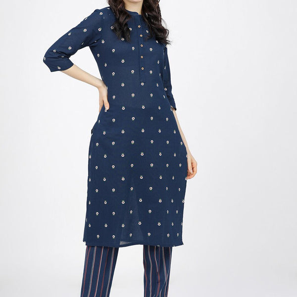 Vishudh Women Navy Blue Floral Printed Pure Cotton Kurta with Palazzos - Distacart