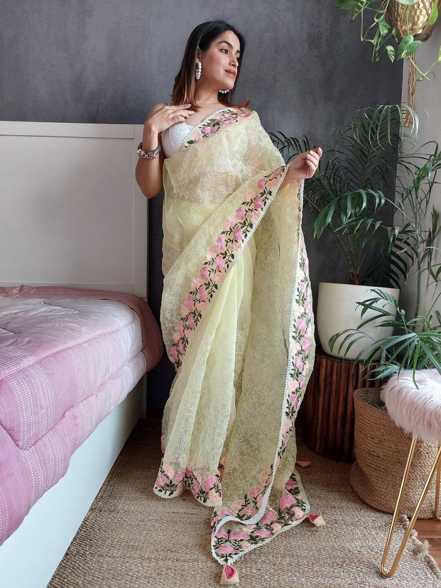 Anouk Yellow & Green Floral Embroidered Organza Saree - Distacart