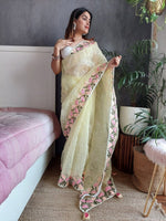 Thumbnail for Anouk Yellow & Green Floral Embroidered Organza Saree - Distacart