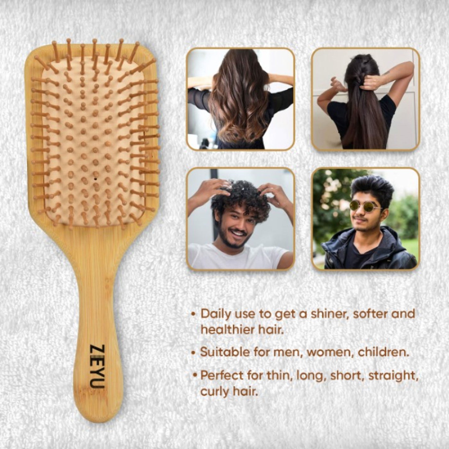ZEYU Wooden Rectangular Bamboo Hair Brush With Round Ball Bristles - Brown - Distacart