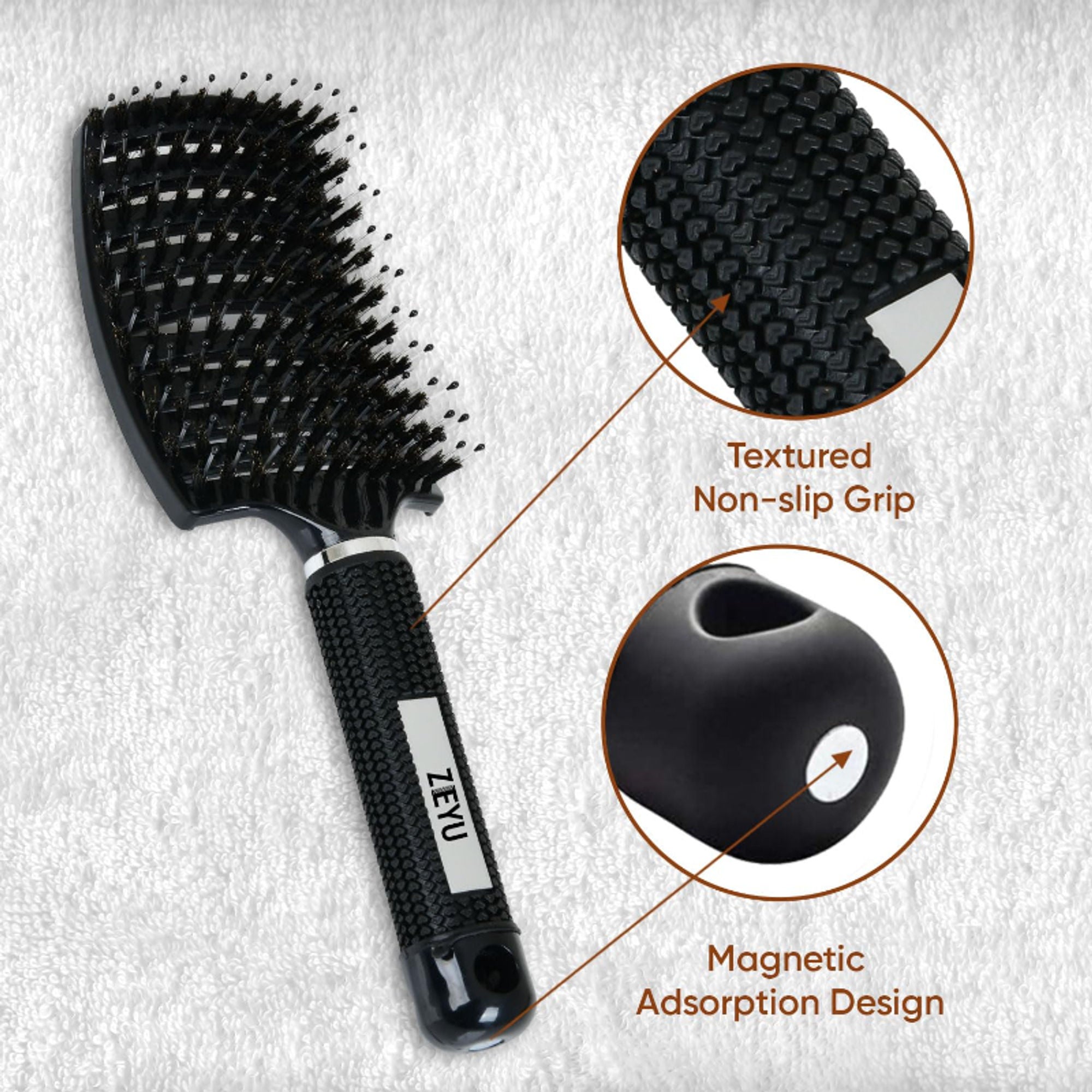 ZEYU Detangler Big Curved Brush With Natural Boar Bristles- Black - Distacart