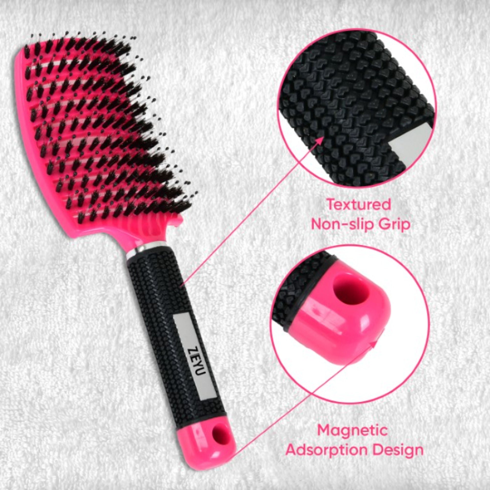 ZEYU Detangler Big Curved Brush With Natural Boar Bristles - Rose Red - Distacart