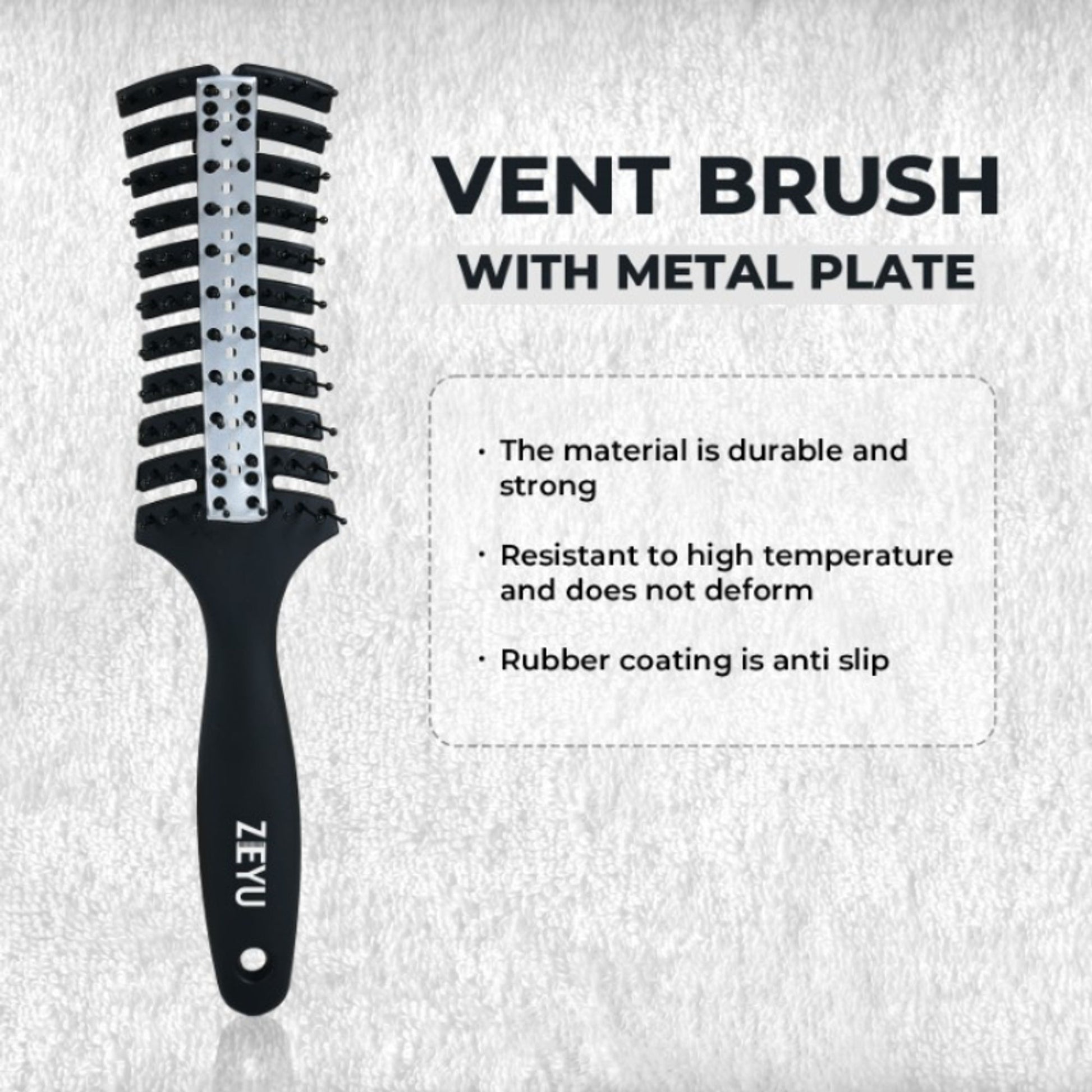 ZEYU Vented HairBrush With Metal Plate & Bristles- Black Silver - Distacart