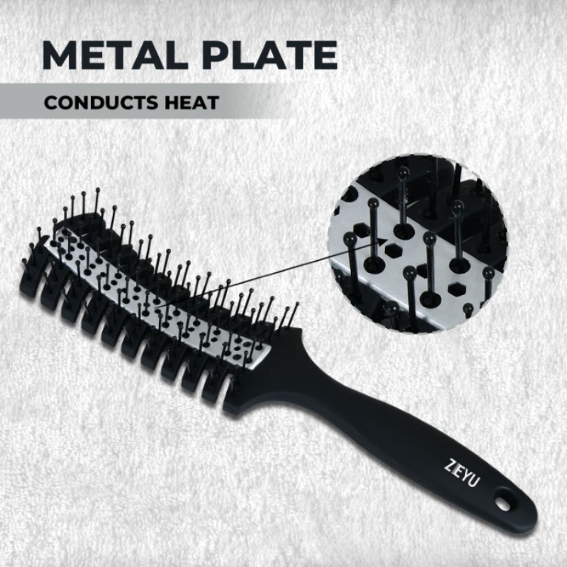 ZEYU Vented HairBrush With Metal Plate & Bristles- Black Silver - Distacart