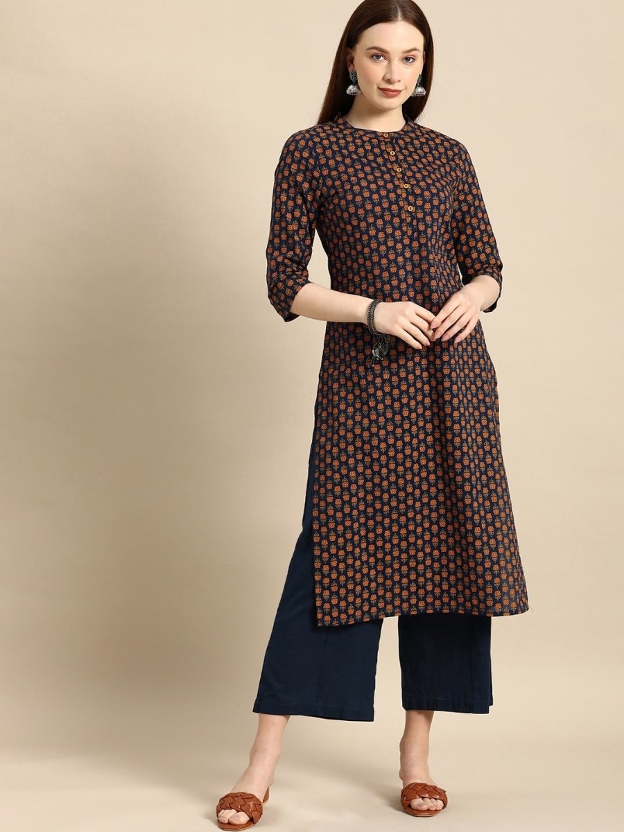 All About You Women Navy Blue & Gold-Toned Ethnic Motifs Printed Regular Kurta - Distacart