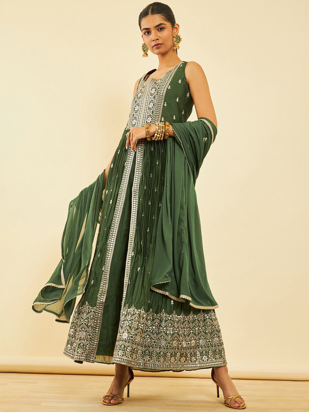 Soch Ethnic Motifs Embroidered Pleated Front Slit Sequinned Kurta with Palazzos & Dupatta - Distacart