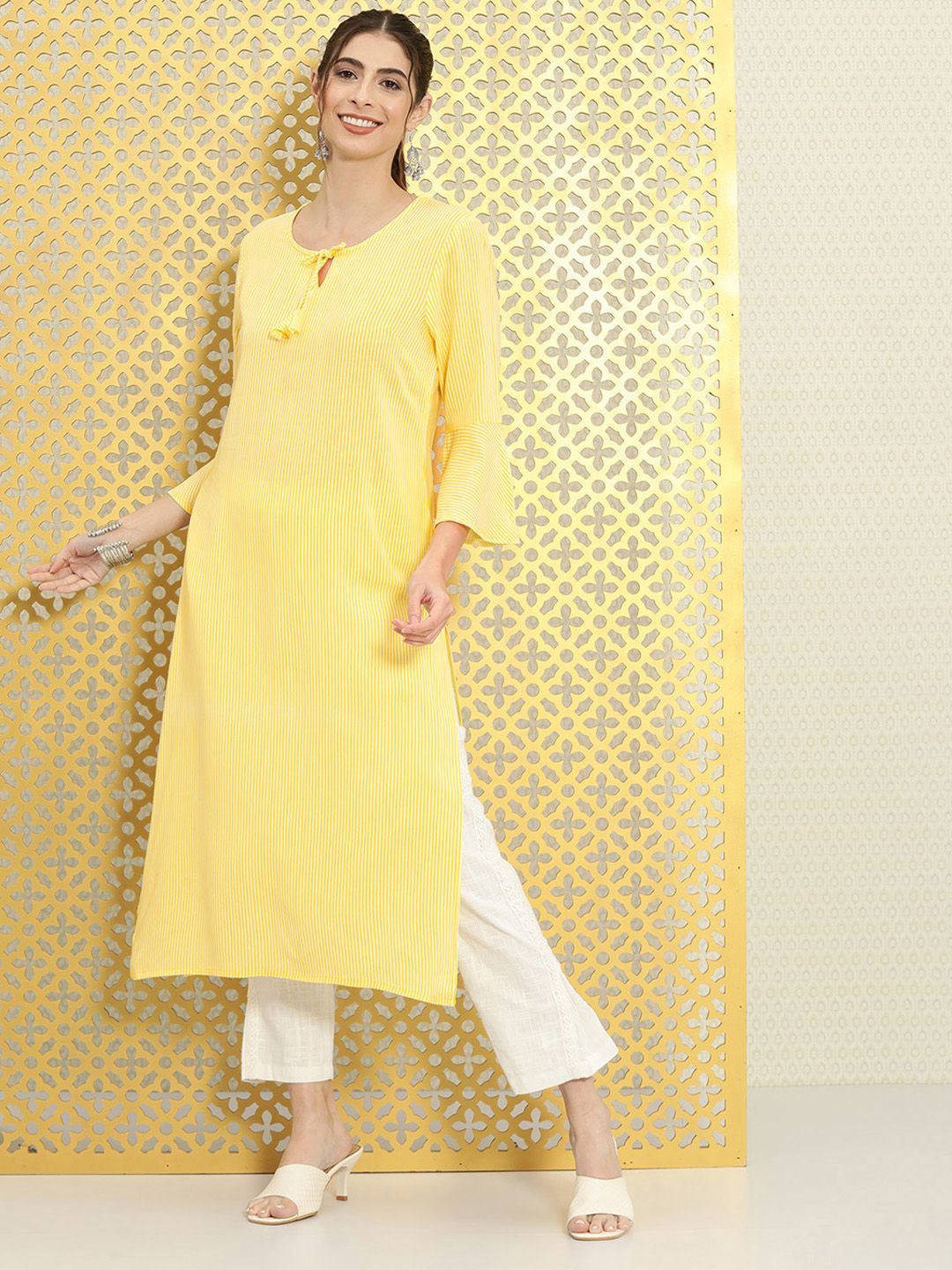 Ode by House of Pataudi Women Yellow & White Striped Bell Sleeves Rozana Kurta - Distacart