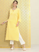 Thumbnail for Ode by House of Pataudi Women Yellow & White Striped Bell Sleeves Rozana Kurta - Distacart