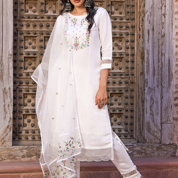 Kalini Floral Yoke Design Thread Work Chanderi Cotton Kurta With Trouser & Dupatta - Distacart