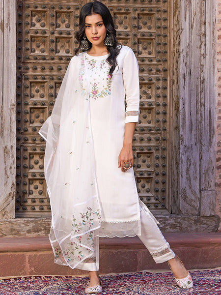 Kalini Floral Yoke Design Thread Work Chanderi Cotton Kurta With Trouser & Dupatta - Distacart