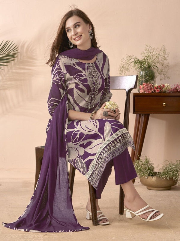 Anouk Floral Printed Thread Work Pure Cotton Straight Kurta With Trousers & Dupatta