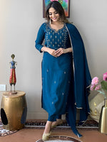 Thumbnail for Kalini Ethnic Motifs Embroidered Thread Work Detail Straight Kurta & Trousers With Dupatta - Distacart