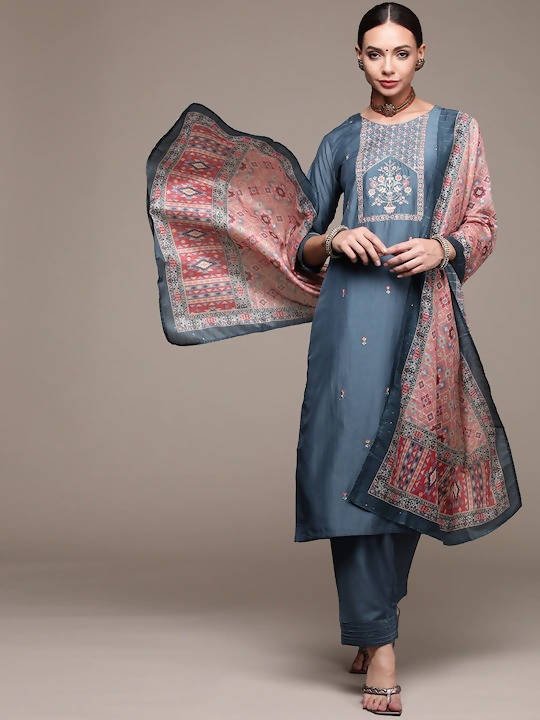 Anubhutee Blue Floral Embroidered Kurta with Trousers & With Dupatta - Distacart