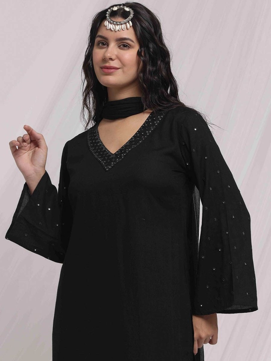 Anouk Black Ethnic Motifs Embroidered V-Neck Thread Work Kurta with Trousers & Dupatta - Distacart