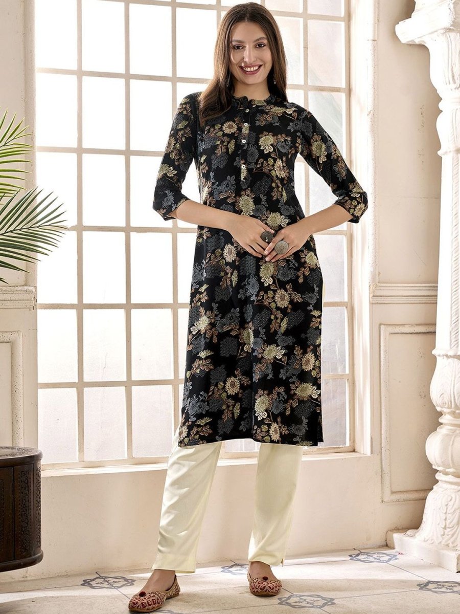 Anouk Black Floral Printed Mandarin Collar Thread Work A-Line Kurta