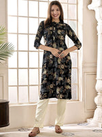 Thumbnail for Anouk Black Floral Printed Mandarin Collar Thread Work A-Line Kurta