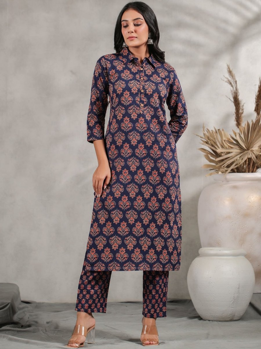 Anubhutee Ethnic Motifs Printed Shirt Collar Pure Cotton Kurta with Trousers - Distacart
