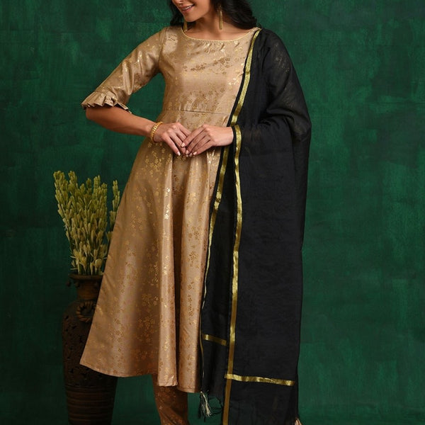 Aks Floral Printed Zari Anarkali Kurta With Trousers & Dupatta - Distacart