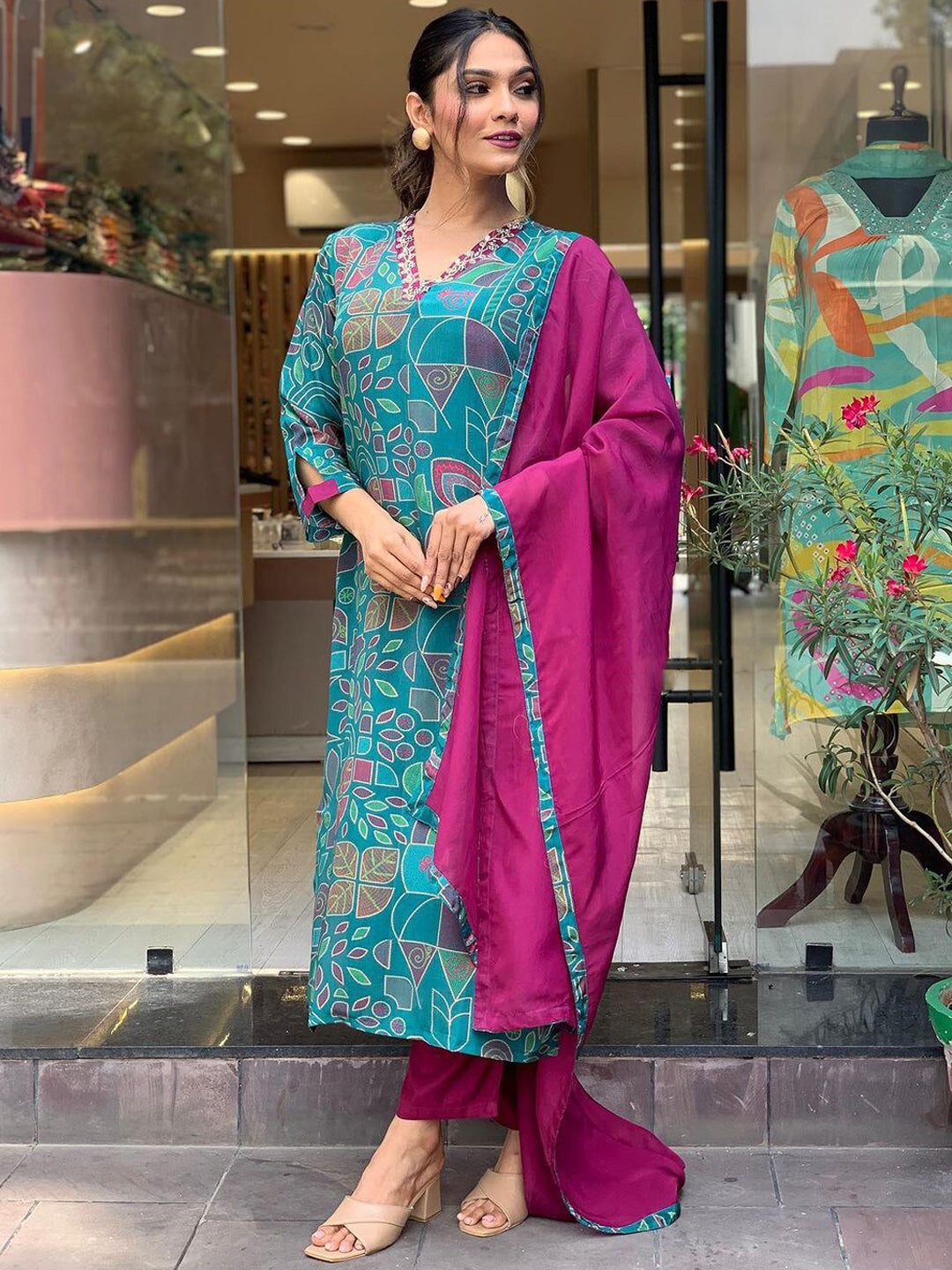 Kalini Floral Printed V-Neck Thread Work Regular Kurta With Trousers & Dupatta - Distacart