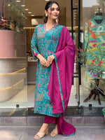 Thumbnail for Kalini Floral Printed V-Neck Thread Work Regular Kurta With Trousers & Dupatta - Distacart