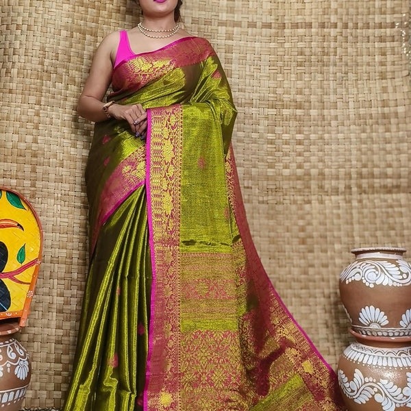 Exclusive Collection Golden Olive Beautiful Tissue Benarasi Saree
