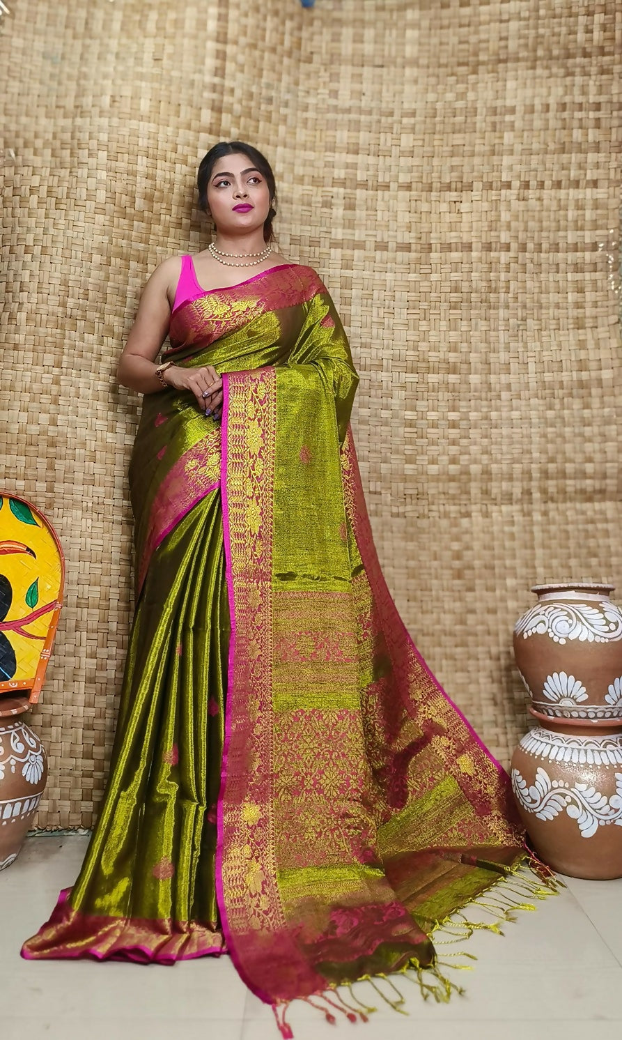 Exclusive Collection Golden Olive Beautiful Tissue Benarasi Saree - Dista