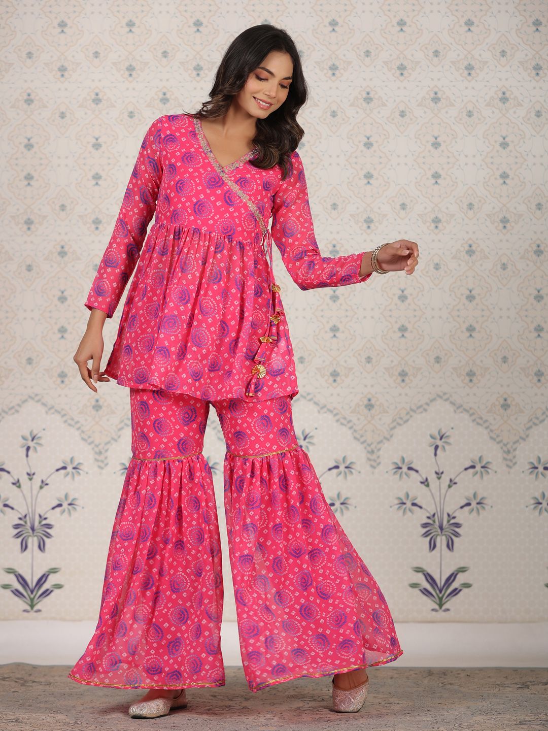Ode by House of Pataudi Red Bandhani Printed Angrakha A-Line Kurti With Sharara