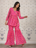Thumbnail for Ode by House of Pataudi Red Bandhani Printed Angrakha A-Line Kurti With Sharara