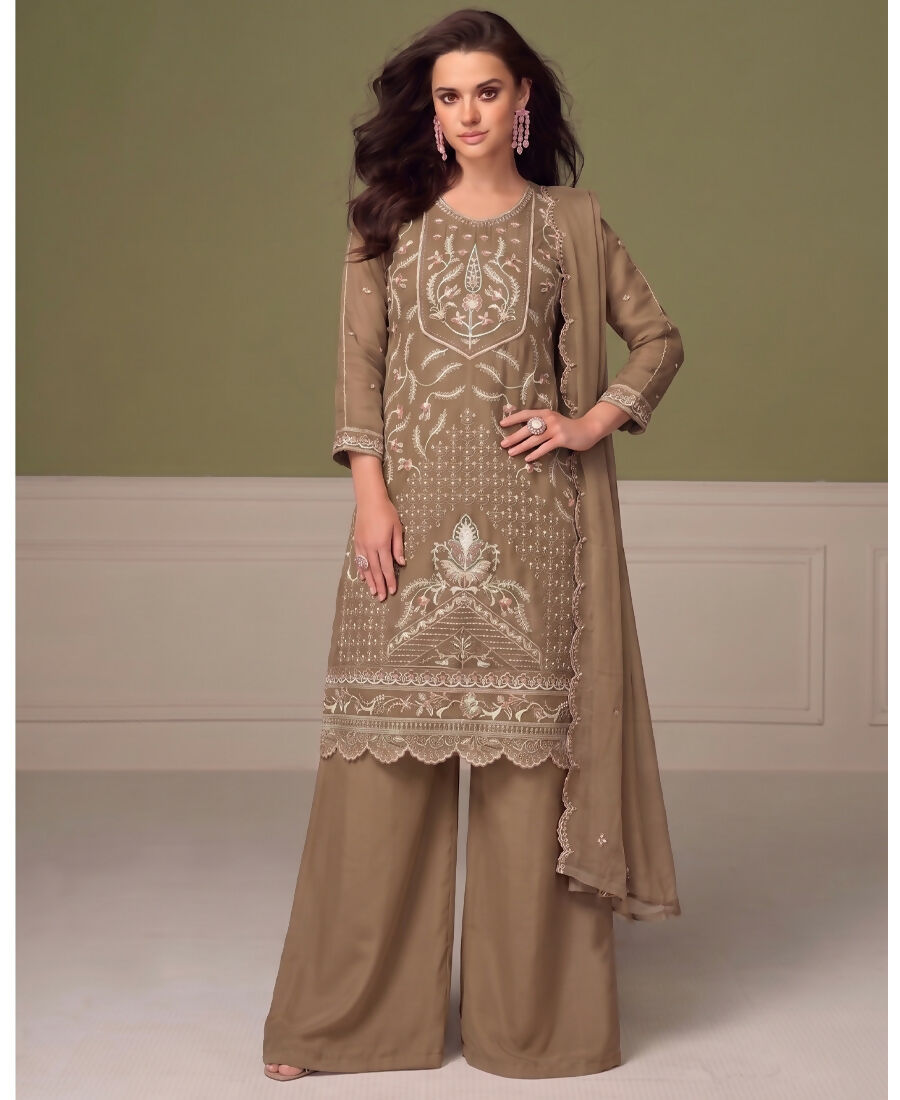 KC Beautiful Beige Chiffon Silk Hand Embroidery Suit For Women - Dista