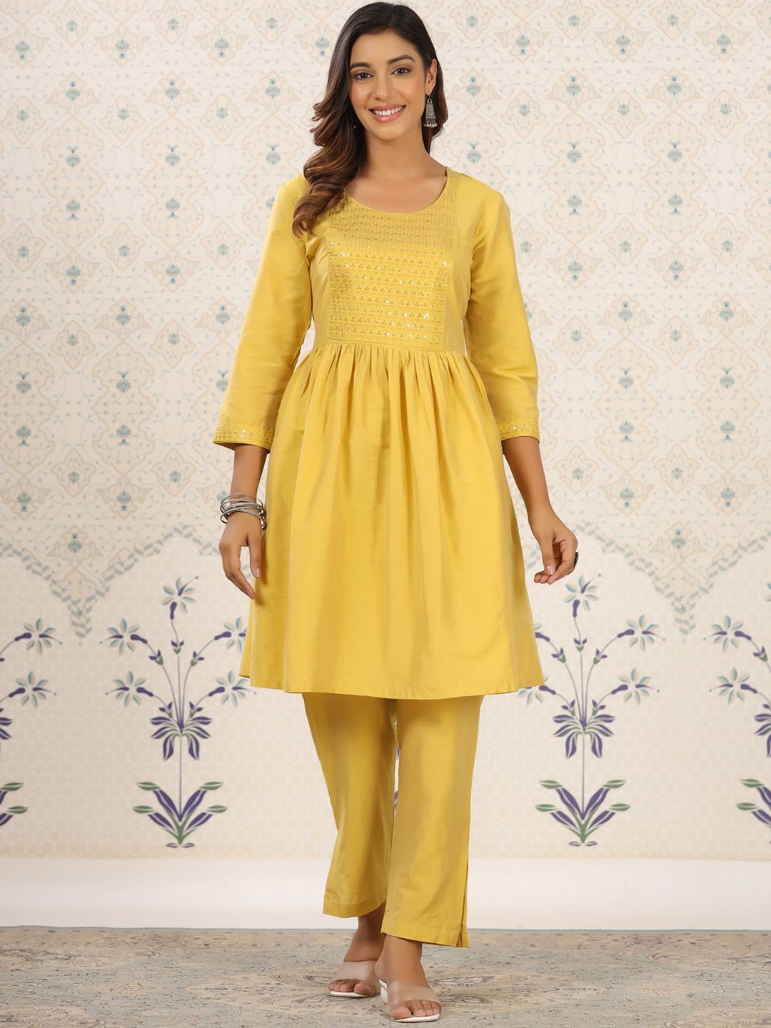 Ode by House of Pataudi Yellow Sequinned Detailed Anarkali Kurta With Trousers - Distacart