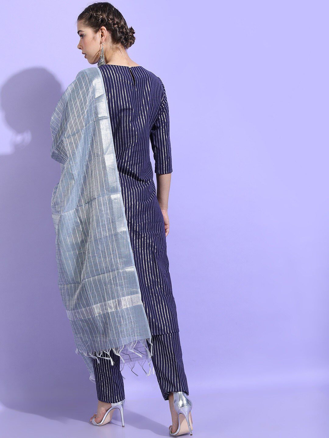Vishudh Women Blue Striped Pure Cotton Kurta with Trousers & With Dupatta