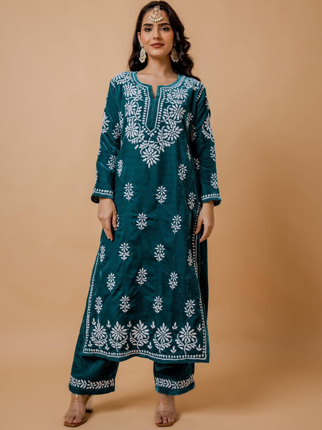 HOUSE OF KARI Ethnic Motifs Embroidered Chikankari Velvet Kurta With Trousers - Distacart