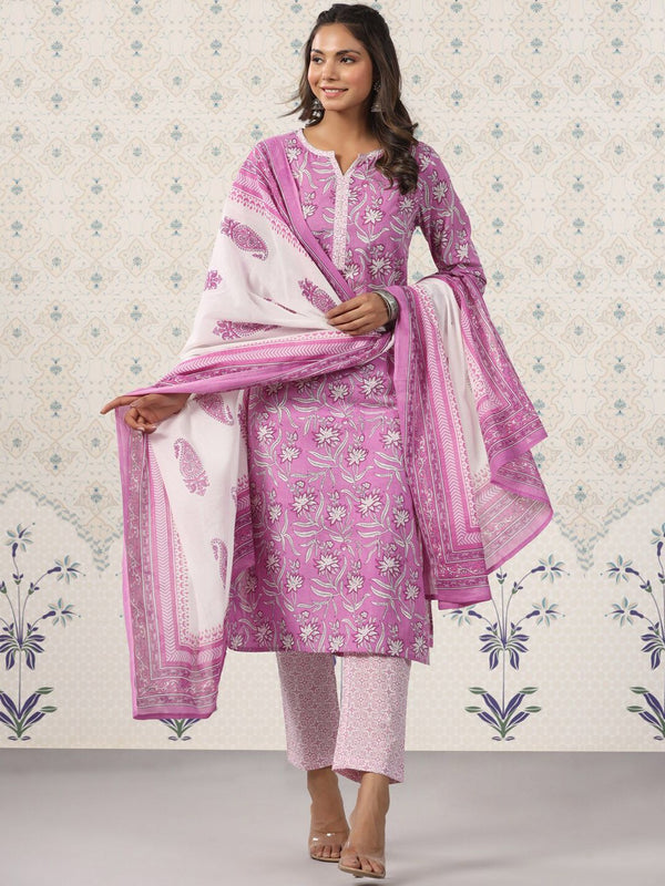 Ode by House of Pataudi Printed Notched Neck Pure Cotton Kurta With Trousers & Dupatta - Distacart