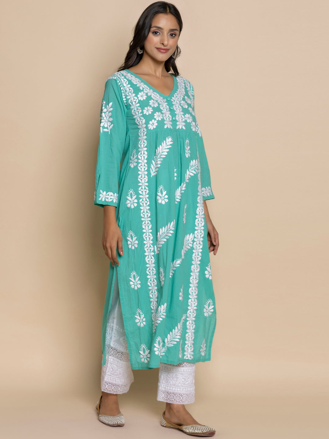 HOUSE OF KARI Floral Embroidered Chikankari Cotton A-Line Kurta - Distacart