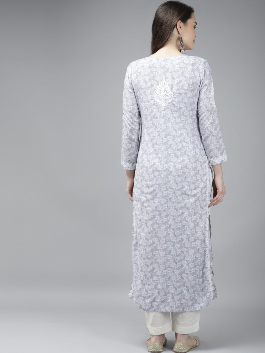 ADA Women Grey & White Floral Chikankari Cotton Handloom Kurta - Distacart