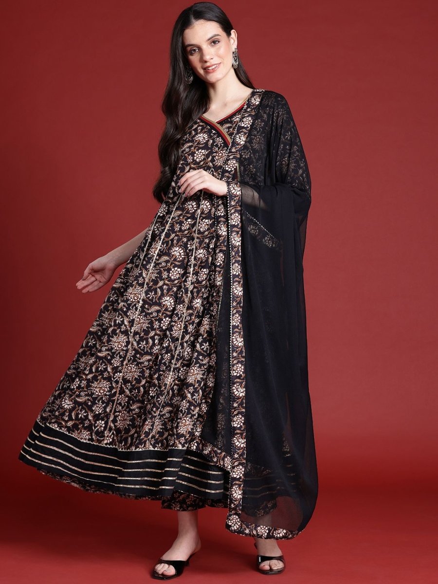 Anouk Floral Print Angrakha Gotta Patti Kurta with Trousers & Dupatta - Distacart
