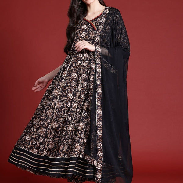 Anouk Floral Print Angrakha Gotta Patti Kurta with Trousers & Dupatta - Distacart