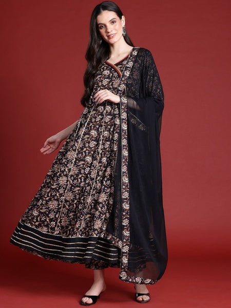 Anouk Floral Print Angrakha Gotta Patti Kurta with Trousers & Dupatta