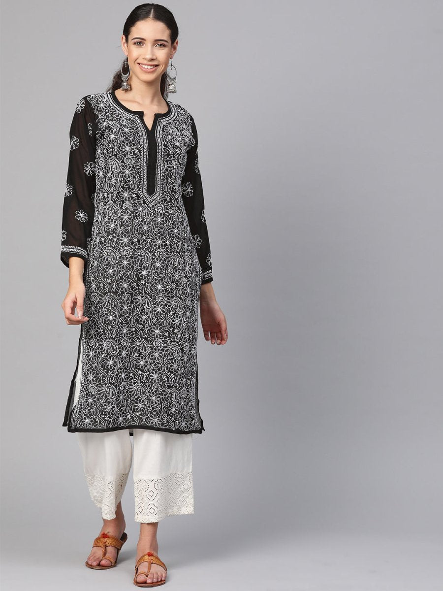 ADA Women Black & White Chikankari Hand Embroidered Semi-Sheer Straight Sustainable Handloom Kurta - Distacart