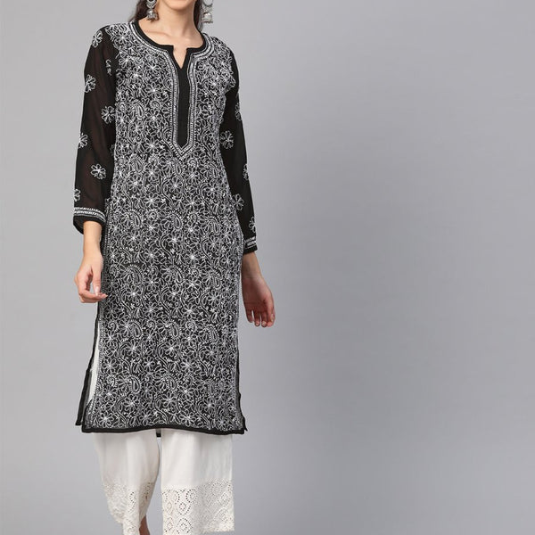 ADA Women Black & White Chikankari Hand Embroidered Semi-Sheer Straight Sustainable Handloom Kurta - Distacart