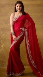 Thumbnail for Joban Fashion Red Fandy Satin Silk Party Wear Sarees - Distacart