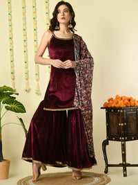 Thumbnail for Myshka Women's Magenta Velvet Kurti & Sharara With Dupatta Party Sets - Distacart
