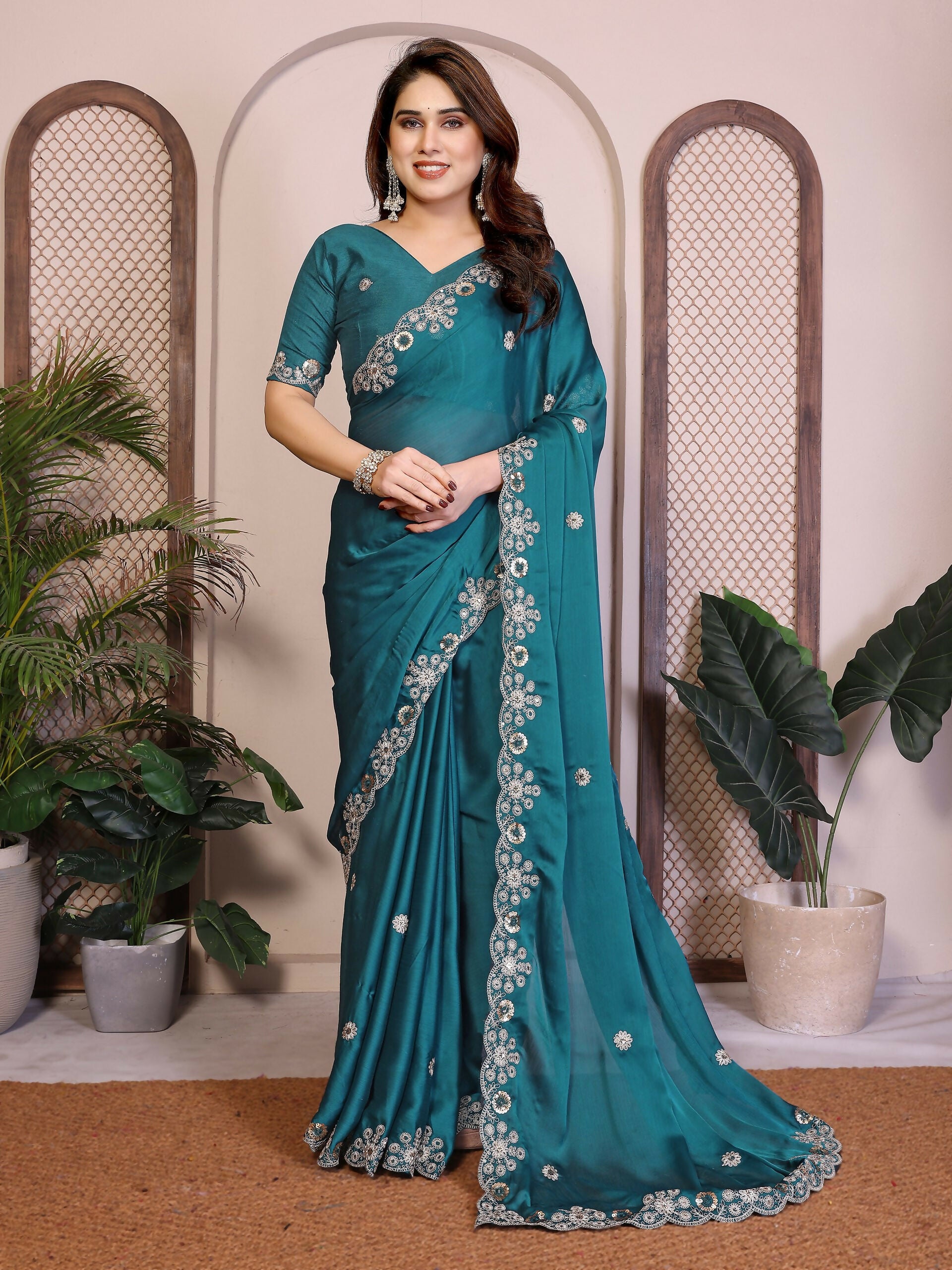 Teeya Creation New Trendy Party Wear Soft Satin Chiffon Saree-Teal - Dista