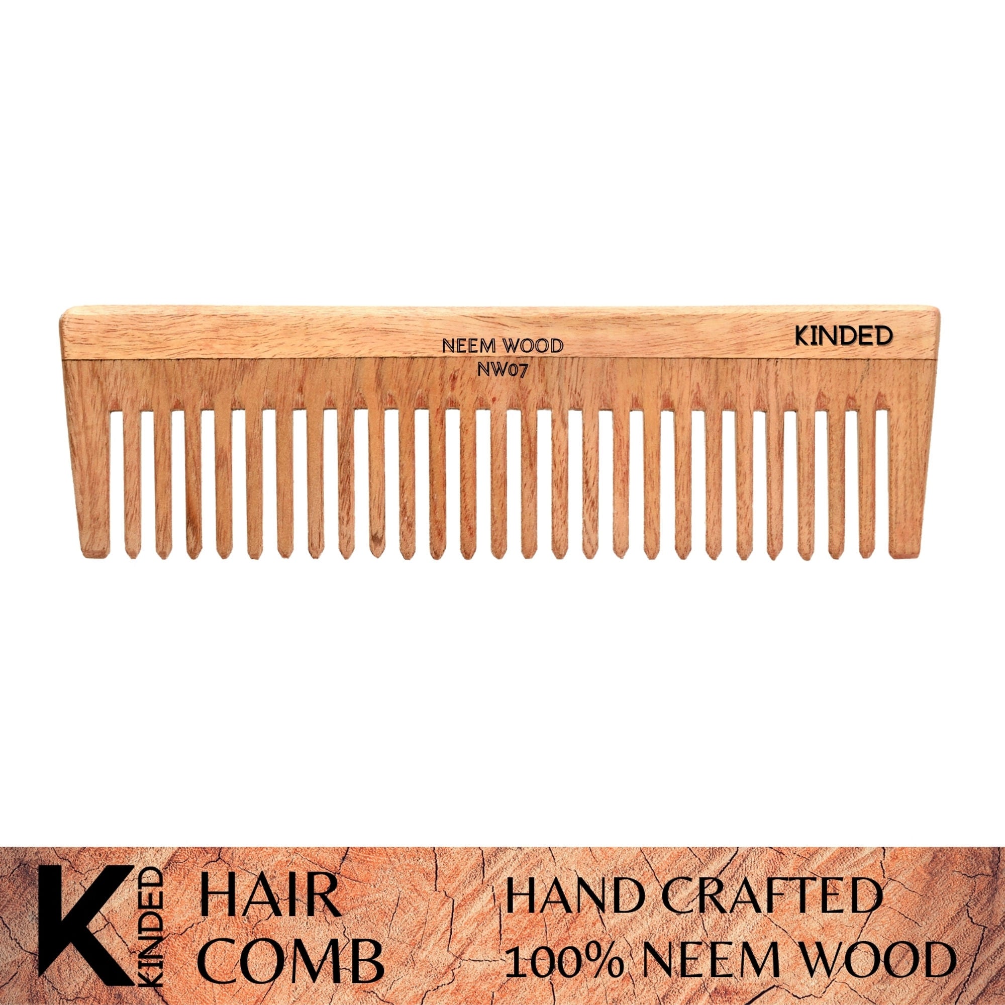 KINDED Handmade Oil Treated Wooden Hair Comb   Neem Wood NW07, Wide Tooth