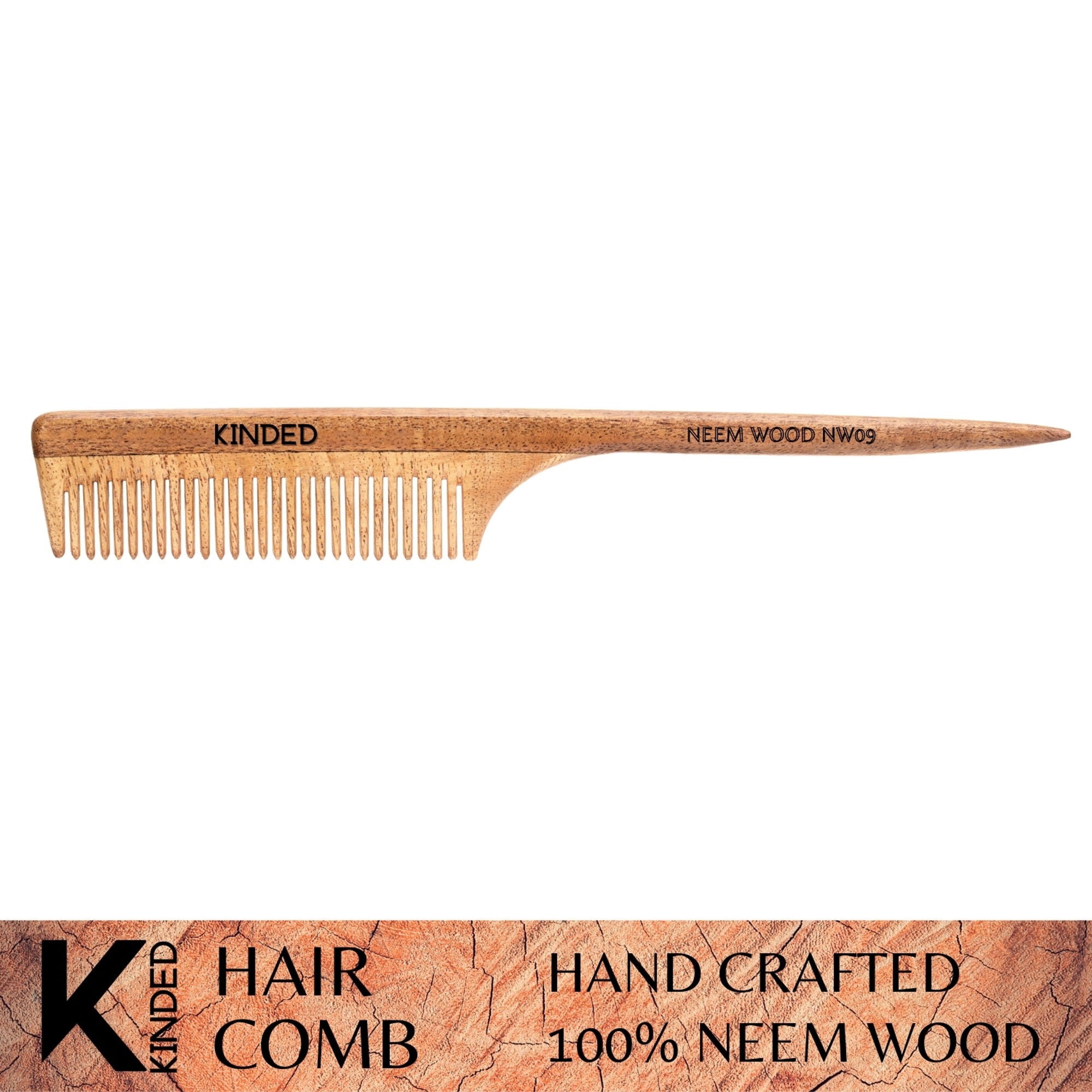 KINDED Handmade Oil Treated Wooden Hair Comb   Neem Wood NW09, Regular Tooth Tail Comb