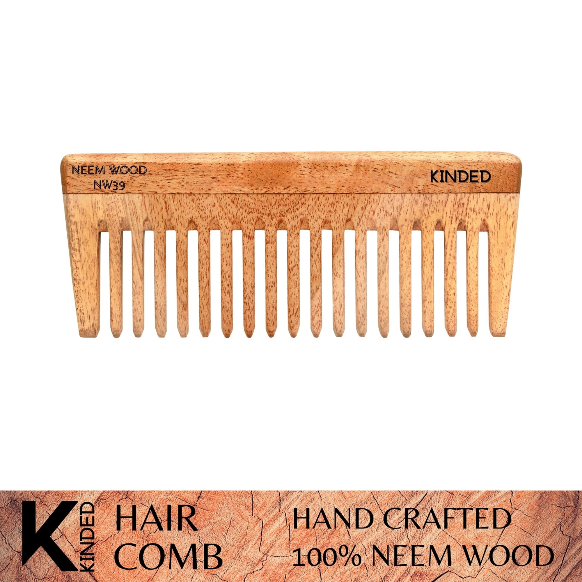 KINDED Handmade Oil Treated Wooden Hair Comb   Neem Wood NW39, Wide Tooth