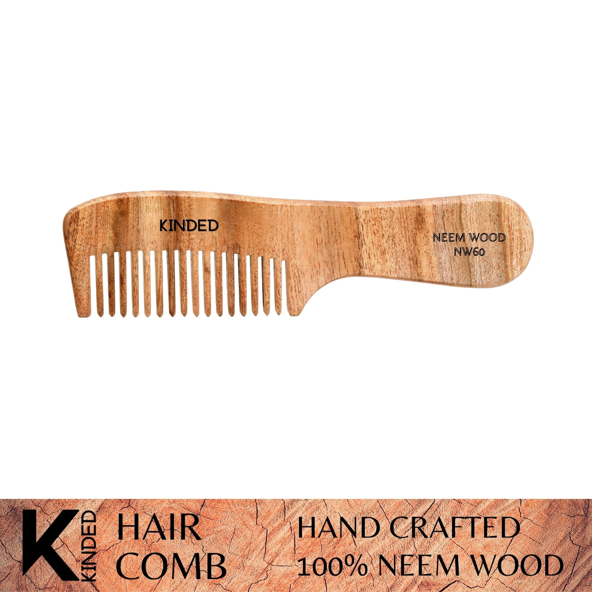 KINDED Handmade Oil Treated Wooden Hair Comb   Neem Wood NW60, Regular Tooth Comb with Handle