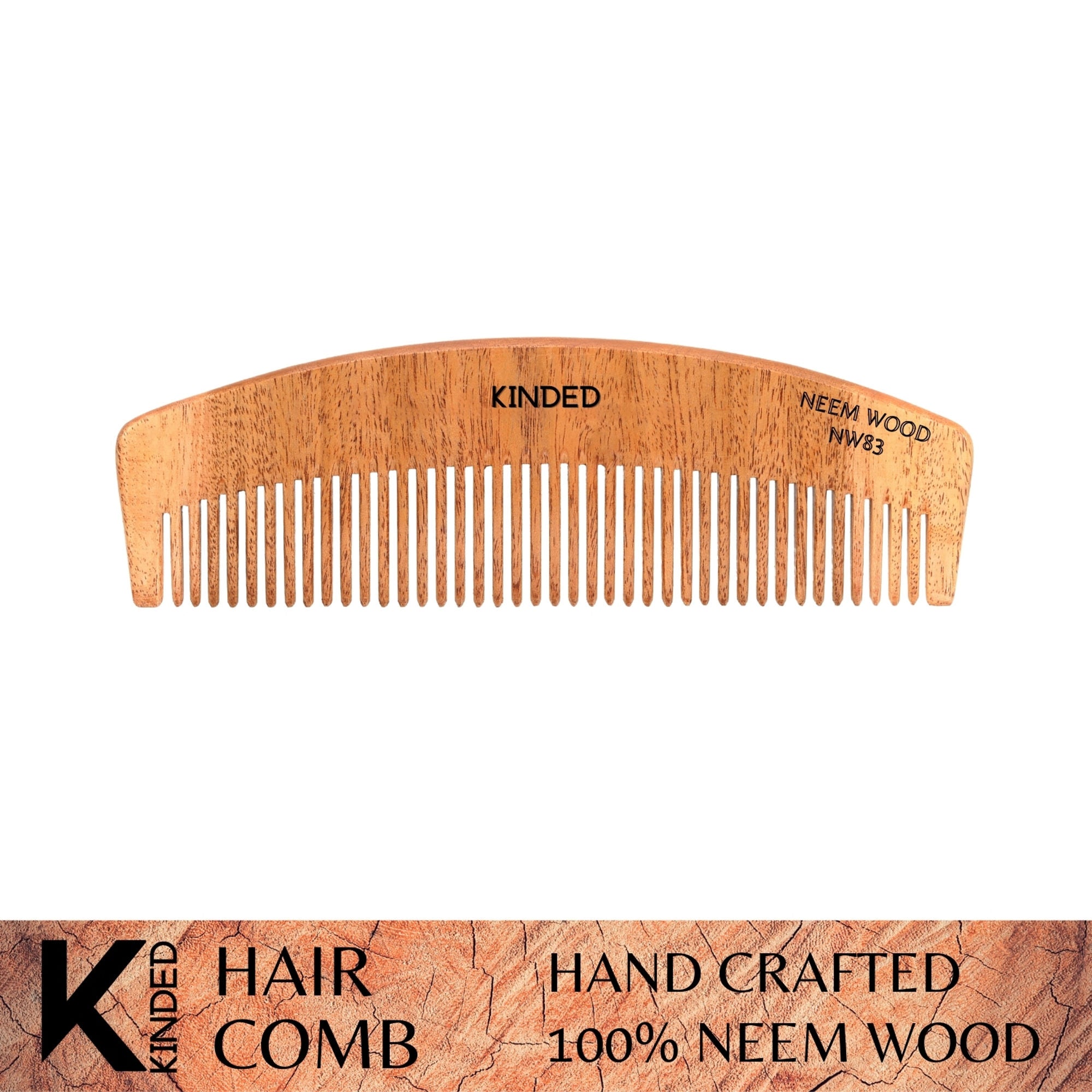 KINDED Handmade Oil Treated Wooden Hair Comb   Neem Wood NW83, Regular Tooth