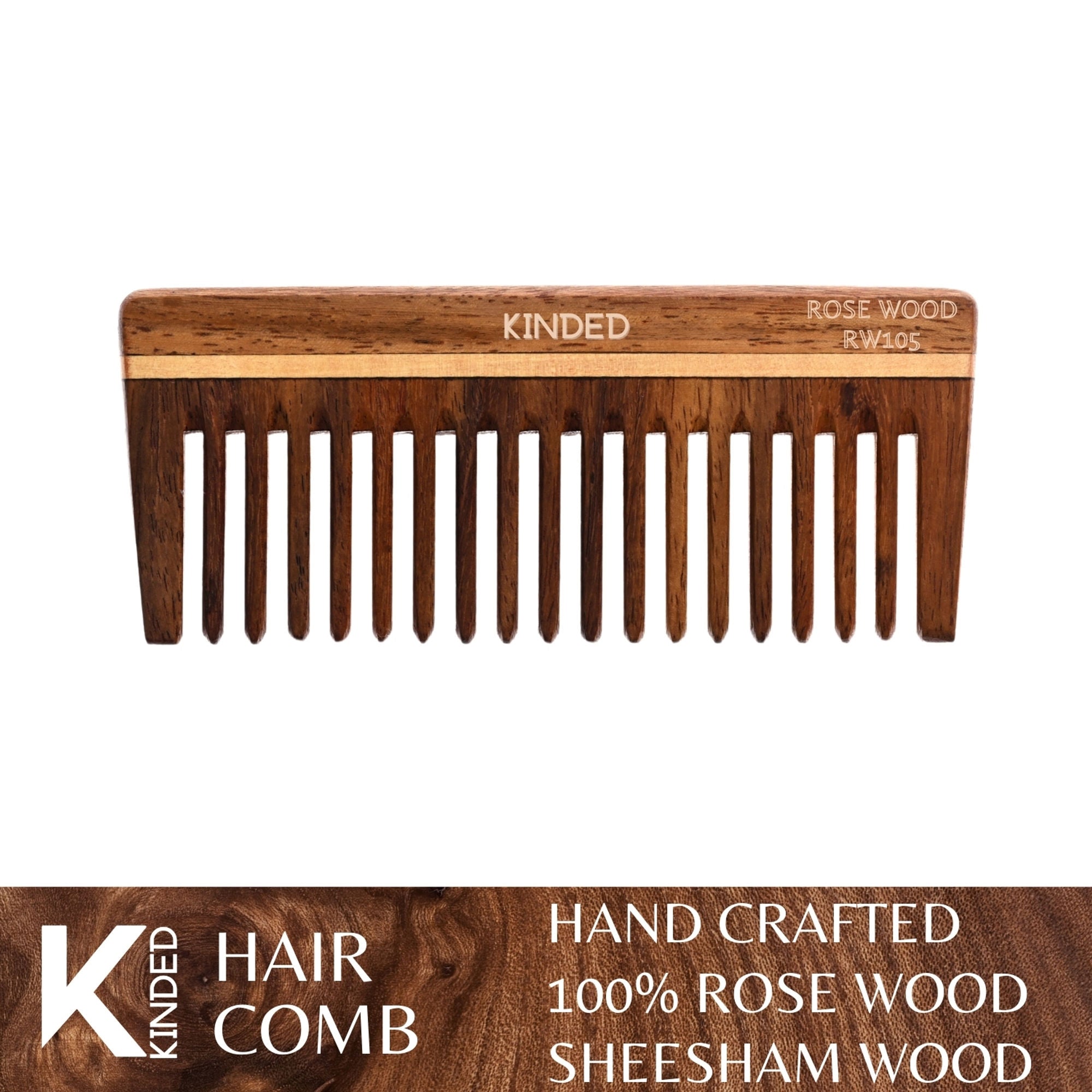 KINDED Handmade Oil Treated Wooden Hair Comb   Sheesham Rose Wood RW105, Wide Tooth